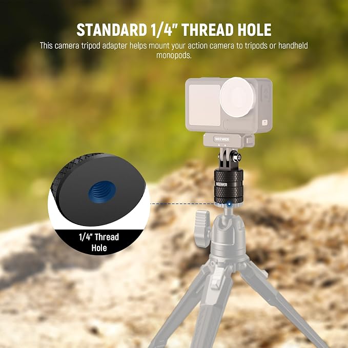 NEEWER Action Camera Tripod Mount Adapter Compatible with GoPro Hero 13 Go Pro 12 11 10 9 Black DJI Osmo Action 5 Pro 4 3, 360° Swivel 1/4"-20 to 3 Prong Mount for Standard 1/4 Accessories, GP-89 - Image 6