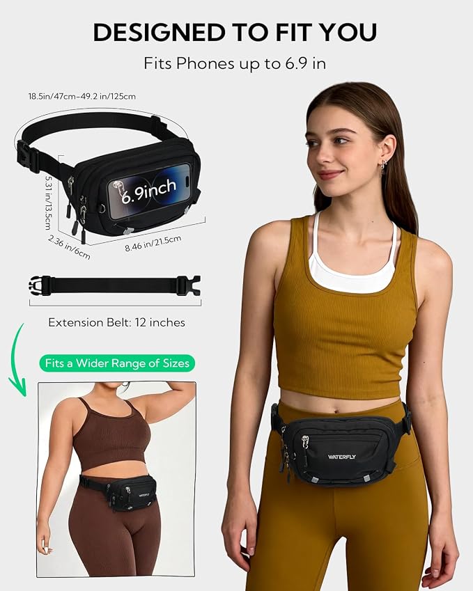 WATERFLY Small RFID Fanny Pack: 1.5L Waist Bag 12" Extender Belt for Hiking | Anti-Theft, Slim Lightweight Water-Resistant Fabric, Reflective Strip, Breathable Padding, Running Travel Walking, Women Men - Image 4