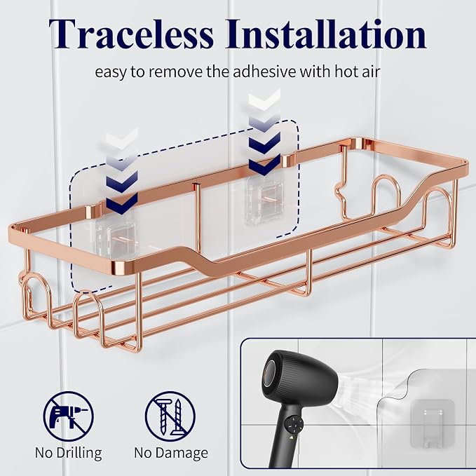 Kitsure Shower Caddy, Adhesive Shower Organizer, Large, Rose Gold | Stainless Steel Shelf for Inside Shower, No Drill Bathroom Organizers and Storage, Home Decor Accessories - Image 5