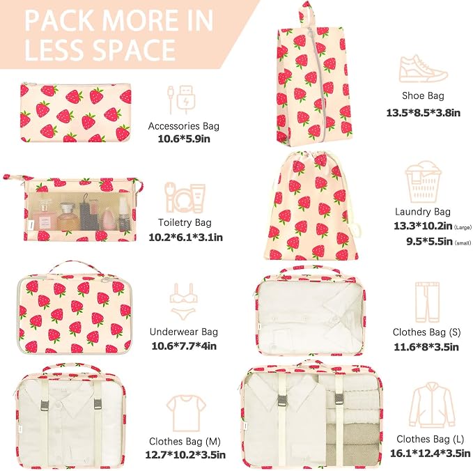 KPX 8 Set Packing Cubes for Travel, Luggage Packing Organizers Accessories Large Toiletries Bag for Clothes Shoes Cosmetics (Strawberry) - Image 2