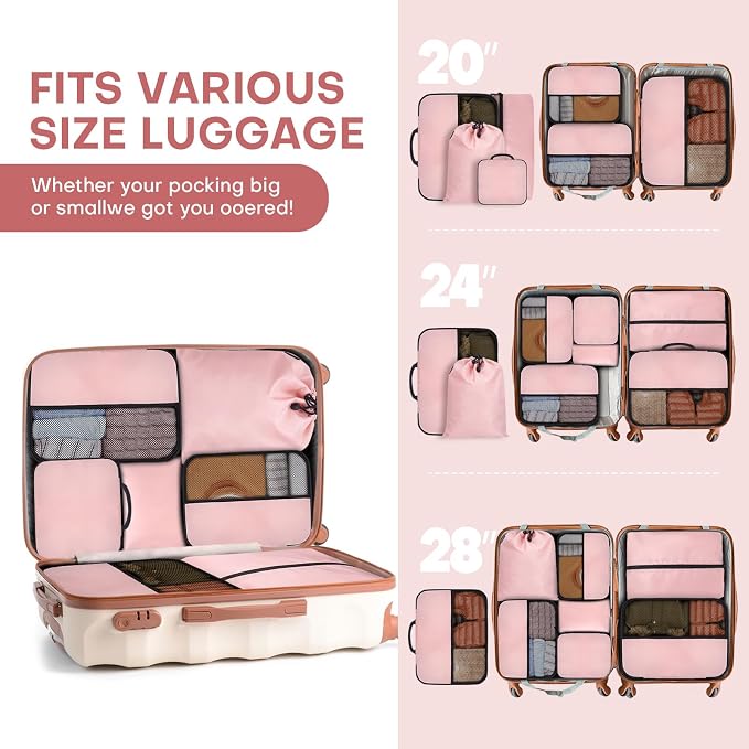 SDGFUI 8 PCS Compression Packing Cubes for Travel Women, Compression Bags Organizer for Luggage Space Saving Travel Essentials and Carry on, Luggage Organizer Bags for Suitcase - Pink - Image 6