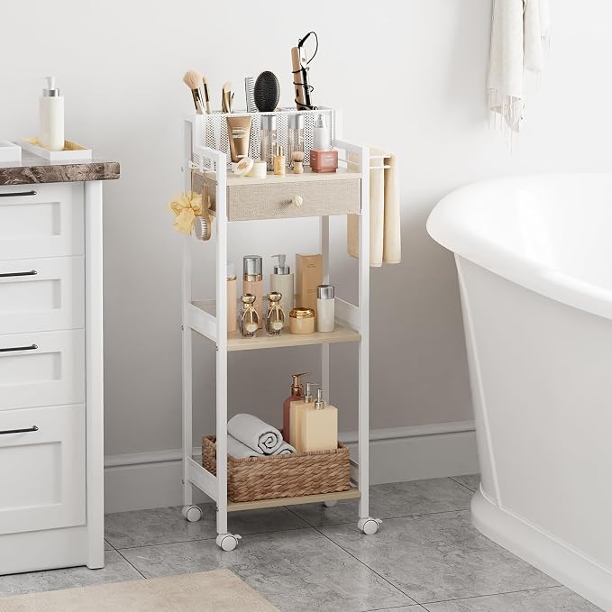 3 Tier Bathroom Organizer Shelf with Drawer, Rolling Makeup Cart | Large Make up Organizers, Cosmetics Display Cases for Hair Tool, Skincare, Kitchen, Bedroom, Laundry Room, Dorm, 12.8in - Image 2