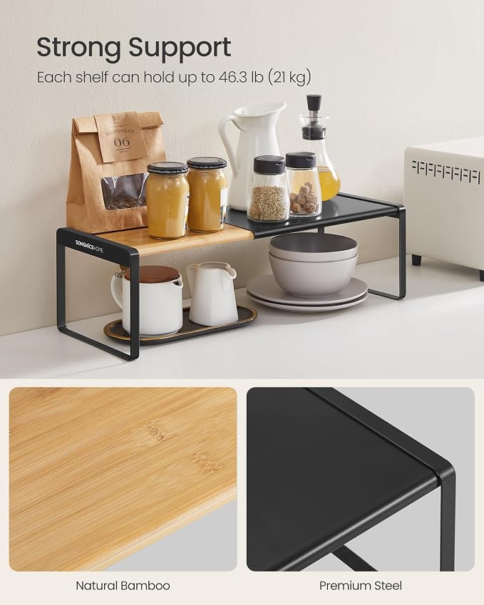 SONGMICS HOME Spice Rack, Expandable Cupboard Shelf Orgnizer,Bamboo | Kitchen Counter Shelves, Bamboo and Steel, Stackable, Ink Black, BYSTRO Collection UKCS051B01 - Image 5