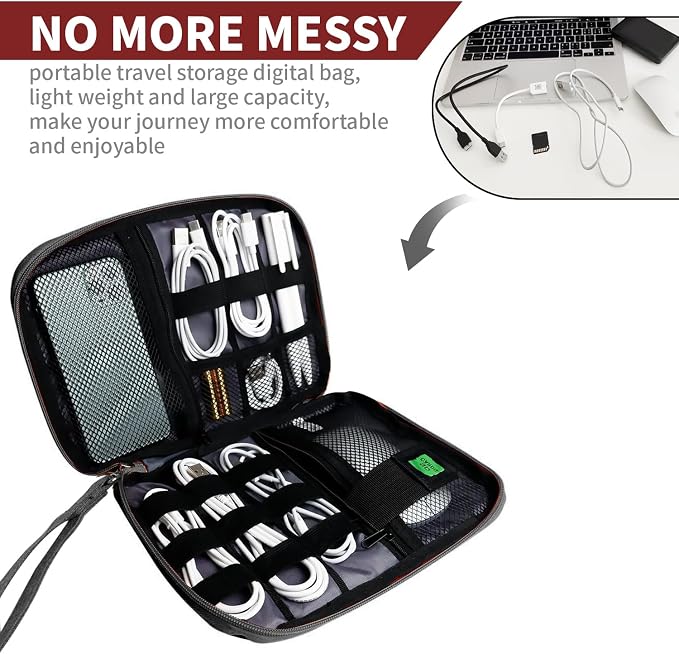 Lcsmaokin Electronics Travel Organizer,Portable Waterproof Electronic Travel Storage Bag for Small Charging Cord Storage,Charger,SD Card etc,for Travel,Business-Wine Red Black - Image 2