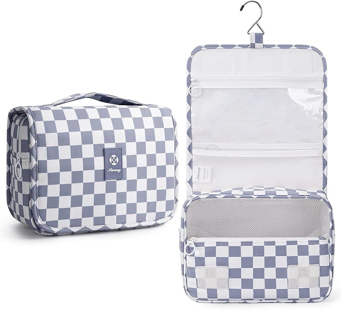 Narwey Small Hanging Travel Toiletry Bag for Traveling Women, Checkered Travel Bag for Toiletries, Makeup Bag Organizer Make Up Cosmetic Bags, Gifts for Kids Teen Girls (Grayish Blue Checkerboard) by Narwey
