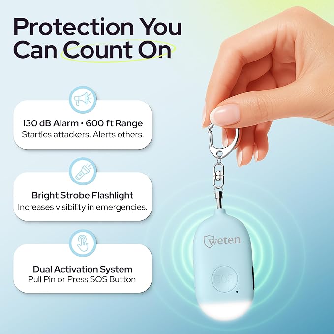 Rechargeable Personal Alarm Keychain, 130dB Siren, LED Light, Blue | Stylish Personal Safety Alert for Women to Carry, Panic Button Alarm for Security - Image 2