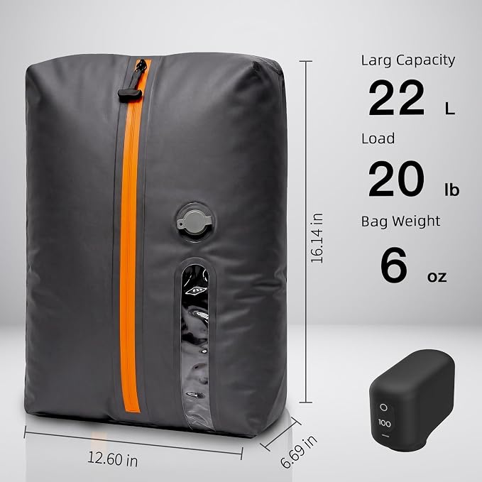 Travel Vacuum Bags With Pump, 2 Pack 22L Compression Kit For Clothes | IPX8 Waterproof; 3-5 Minute Compression; USB-C Cordless Pump; Up To 60-Minute Runtime; Saves Up To 60% Space; Airtight Seal - Image 5
