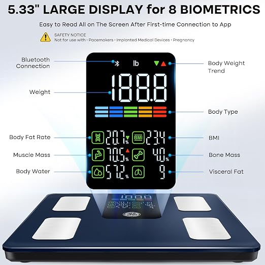 GE Smart Scale for Body Composition, Weight, BMI, 500lb, Large 11.8-Inch | Body Fat Scale with Muscle Mass, Digital Bathroom Weighing Health Monitor, FSA Eligible HSA, Bluetooth App Sync, Dark Blue - Image 2