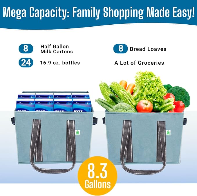 VENO 2 Pack Extra Large Reusable Grocery Shopping Bags Utility Tote | Water Resistant, Storage Box w/ Sturdy Side Handles & Hard Bottom, Foldable for Groceries Shopping Cart(Blue, 8 Gallon) - Image 7