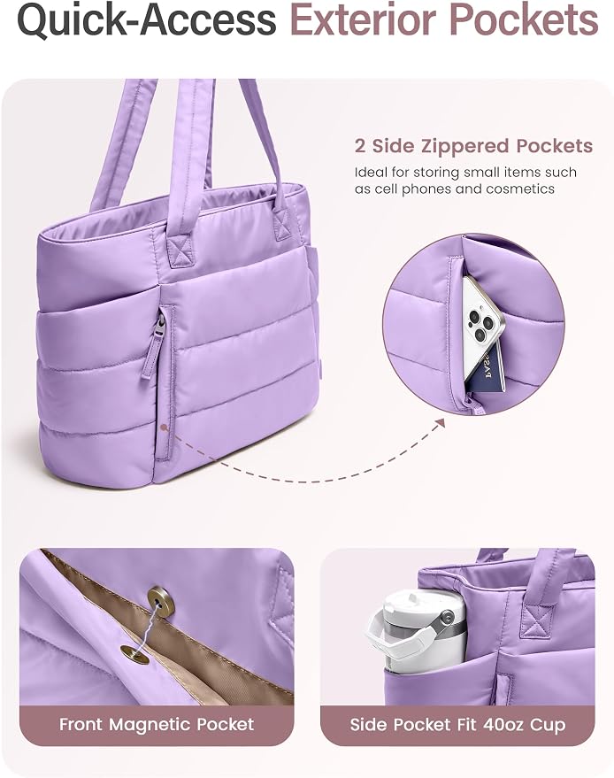 Uselike Tote Bag for Women with Zipper, Quilted Puffer Tote Bag with Compartments, Lightweight Puffy Work Bags for Women - Image 4