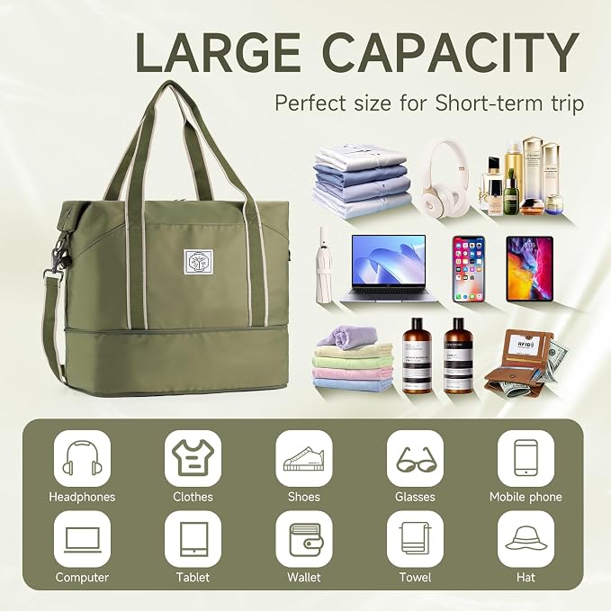 WALNEW Travel Duffel Bag, Weekender Bag for Women Men, Army Green | Overnight Carry On Bag, Foldable Waterproof Gym Luggage with Metal Buckle Detachable Shoulder Strap and Wet Compartment - Image 3
