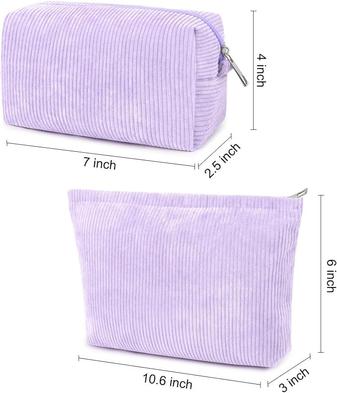 SOIDRAM 2 Pcs Corduroy Makeup Bag Large Cosmetic Bag Toiletry Bag Makeup Pouch Travel Bag Organizer Cute Makeup Brushes Aesthetic Accessories Storage Bag for Women Purple - Image 3