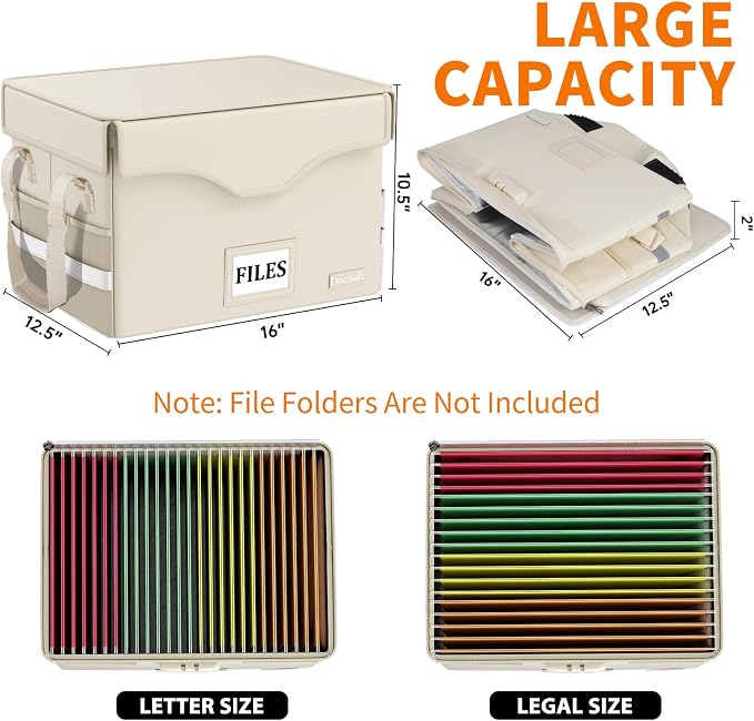 DocSafe 5200°F Fireproof Document Box with Lock,Heat Insulated File Organizer Storage with Pockets,Collapsible Portable Home Office File Safe Box with Handle for Hanging Letter/Legal Folders, Beige - Image 8
