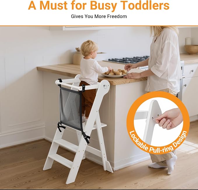 COSYLAND Foldable Toddler Kitchen Stool Helper - Height Adjustable Kitchen Standing Tower for Bathroom Sink or Counter - Step Stool for Toddlers Ages 18 Months to 6 Years White - Image 4