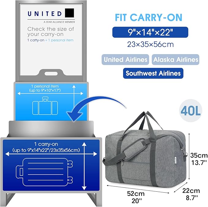 Narwey Foldable Carry on Luggage 22x14x9 Airline Approved Duffle Bag for Travel Packable Duffel Bag for Traveling Airplane for Women and Men 40L (Grey (With Shoulder Strap)) - Image 2