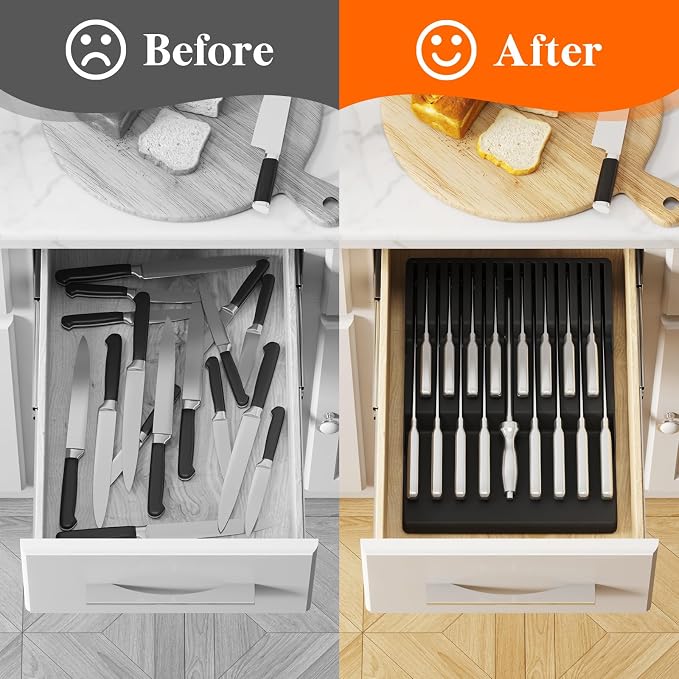 Lifewit Magnetic Drawer Knife Organizers Insert Pastic for 16 Knives, Black | Kitchen Plastic In Drawer Knife Block Slots, Steak Chefs Knives Holder Storage for 16 Knives and 1 Sharpening Steel 16.5" - Image 9
