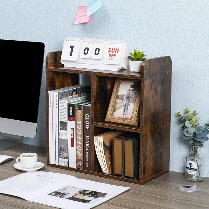 Desktop Shelf Freestanding Wood Small Bookshelf Desk Supplies Organizers and Accessories Storage Display Rack Office Decor for Women, Antique Brown - Image 2