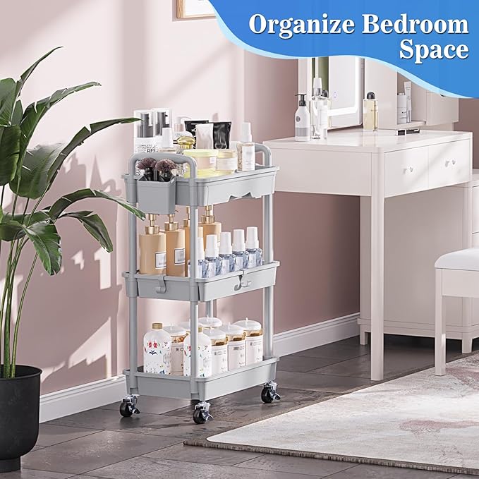 SUNALLY 3 Tier Rolling Cart with Drawer, Craft Storage Cart Organizer, Gray | Bathroom Storage Organizer with 2 Lockable Wheels, Rolling Utility Cart for Kitchen, Office, Baby, Makeup, Nail,Snack,Laundry - Image 6