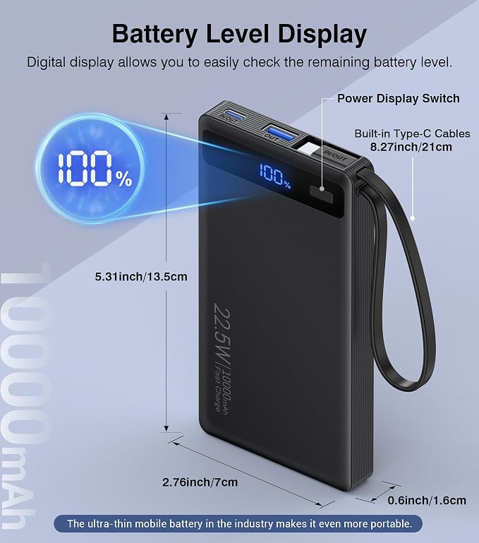 10000mAh Power Bank Built-in 2 Cables, 22.5W PD Slim Fast Portable Charger | USB C Battery Pack, Travel Essentials PD Fast Charging Powerbank Compatible with iPhone 17 16 Plus Pro Samsung iPad(1 Pack) - Image 4