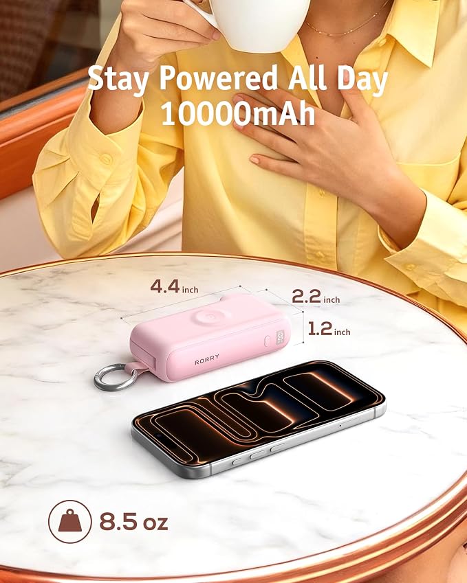 RORRY Flow Portable Charger 10000mAh 40W Wall Plug Power Bank Battery Pack | Built-in USB-C Cable, Keychain Design, Fast Charging, for iPhone 17/16/15, Apple Watch, iPad, 3-in-1, Travel Essential - Image 7