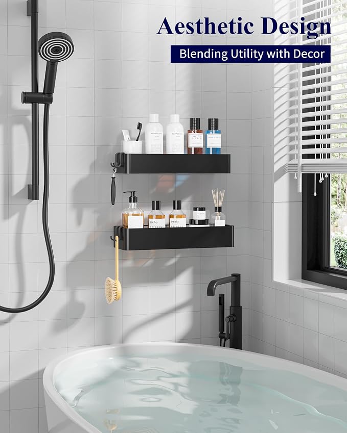 Kitsure Shower Caddy - 2 Pack Adhesive Shower Organizer, Rustproof Metal Shelves, No-Drill Bathroom Organizers and Storage, Black, XX-Large | 2 Pack Shower Shelf for Inside Shower, 100% Rustproof Metal Shelves, No-Drill Bathroom Organizers and Storage - Image 5
