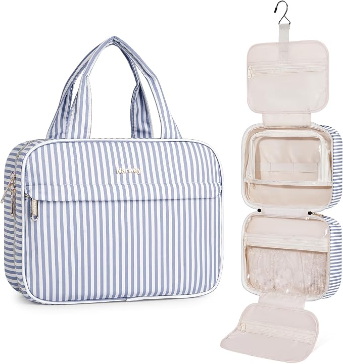 Narwey Striped Hanging Toiletry Bag for Women Travel Makeup Bag Cosmetic Make Up Organizer Toiletries Bag for Travel Essentials Accessories (Greyish Blue Stripe, Medium) by Narwey