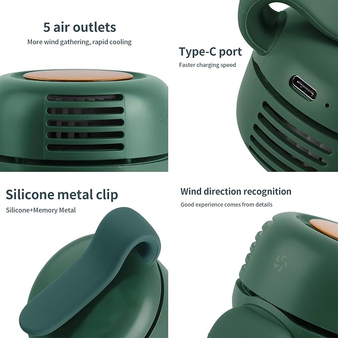 Portable Bladeless Fan, 3 Speed Silent Mini Whirlwind Fan, Hands-Free Wearable with Waist Clip for Office/Travel/Outdoor, USB Rechargeable Personal Cooling (Green) - Image 7