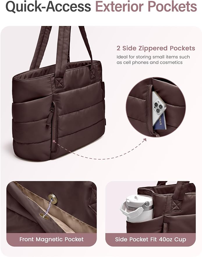 Uselike Tote Bag for Women with Zipper, Quilted Puffer Tote Bag with Compartments, Lightweight Puffy Work Bags for Women - Image 4