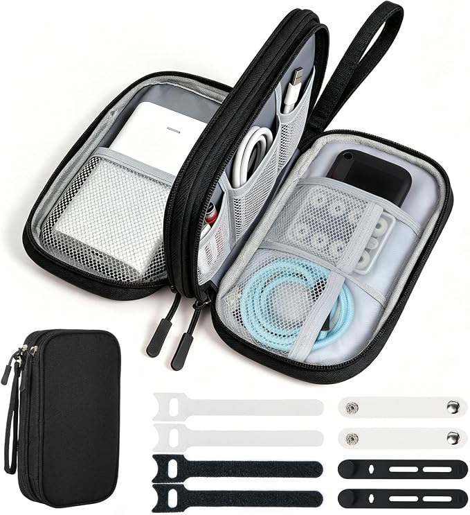 Double Layer Electronics Organizer, Travel Tech Pouch, Black | Water-resistant Oxford fabric with padded lining. 8 compartments organize 3ft+ cords and chargers. Includes 8 cable ties. by Woyinger