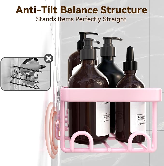 Shower Caddy Adhesive, Rustproof Shower Organizer, Wall Shower Rack | Large Capacity Shower Shelves for Inside Shower, Shampoo Shower Holder, Pink, 3 Caddies, 1 Soap Dish, 1 Toothbrush Holder - Image 7