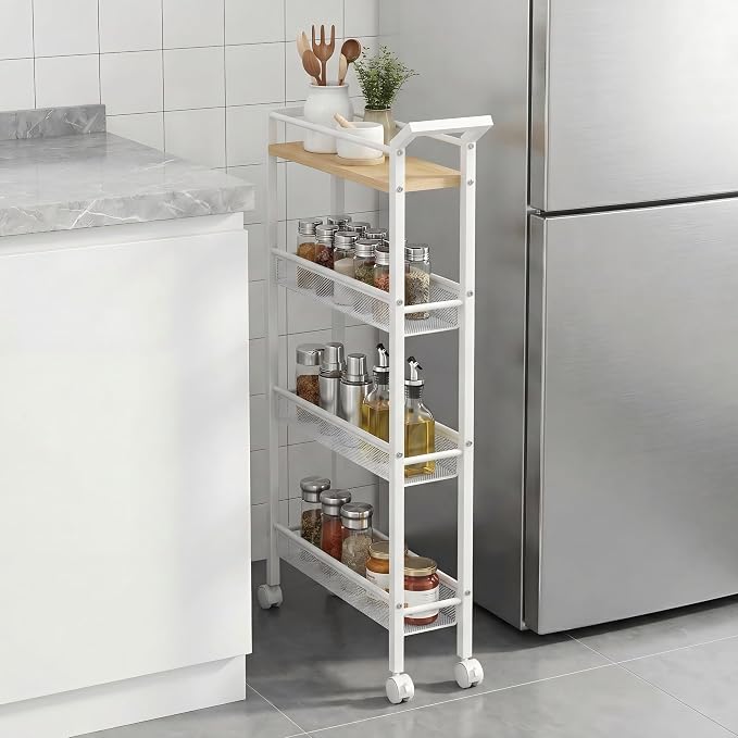 4 Tier Slim Rolling Storage Cart, 5.1 Inch Wide Narrow Storage Cart with Handle, Iron Wood Utility Slide Out Pantry Shelf Organizer for Laundry Room, Bathroom, Kitchen, Small Spaces,White - Image 2