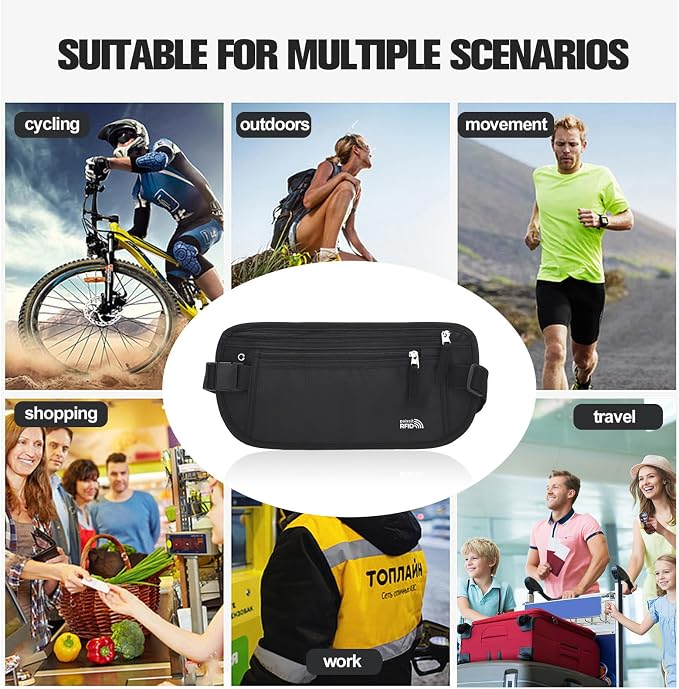 Unisex Money Belt For Men and Women, Slim Passport Holder RFID Blocking Travel Essentials Pouch with Adjustable Strap Small Waist Pouch for Workout Running Travelling Hiking, Black & Light Grey - Image 7
