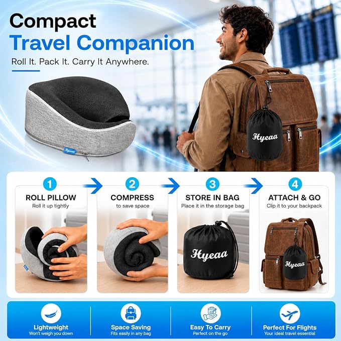 Travel Pillows for Airplanes - Memory Foam Neck Pillow for Sleeping and Travel - 360° Support Airplane Pillow Set with Eye Mask, Earplugs & Luggage Scale, Portable Travel Essentials. Light Grey - Image 6