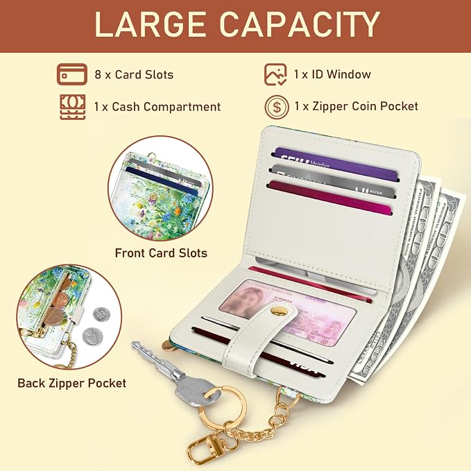 Jogjam Floral Green Rfid Women Wallet, Small Slim Thin Credit Card Holder | PU Leather Bifold Cash Zipper Coin Pocket ID Window, for Female Ladies Teen Girls Girly Gifts - Image 4