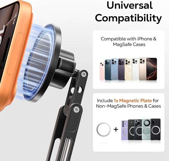 MoKo MagSafe Tripod Mount, Camera Phone Mount, 360° Adjustable | Magnetic phone tripod mount with 1/4" screw & cold shoe, compatible with MagSafe iPhones, for camera monitoring & stabilizers - Image 2