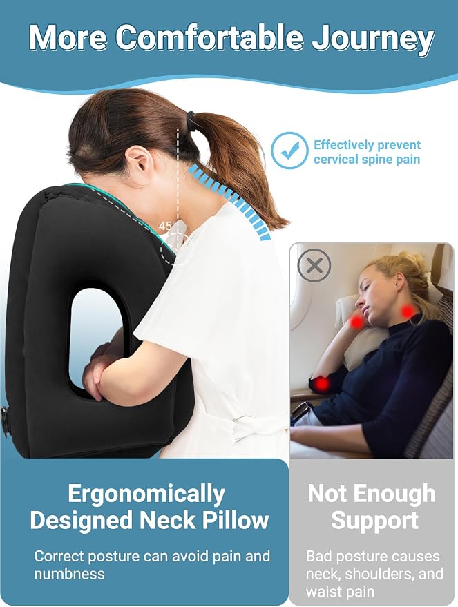Maliton Inflatable Travel Pillow for Airplane (Black) | Comfortable Sleeping to Relieve Neck Shoulder Pain, Support Head for Long Flights, Used for Airplanes, Cars, Trains, Office - Image 2