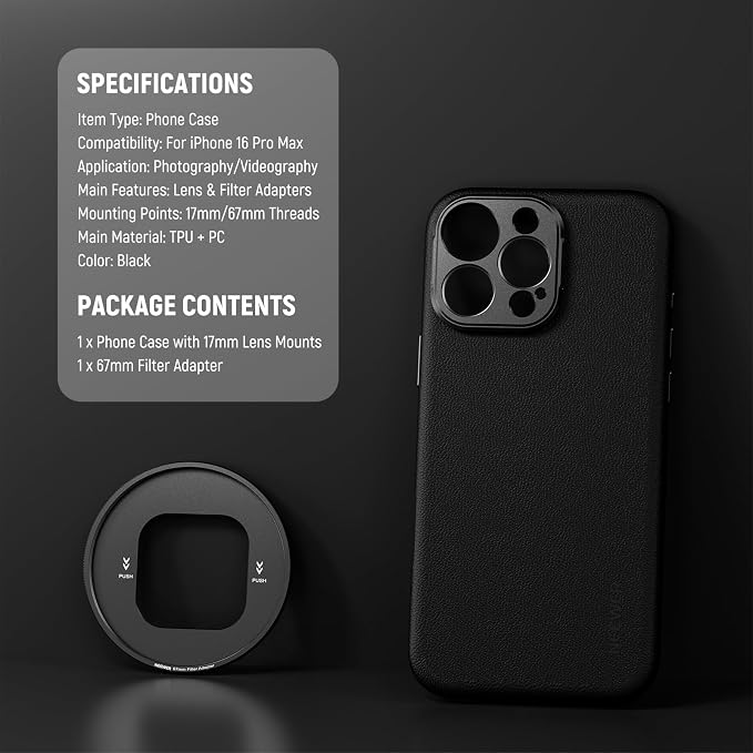 NEEWER Phone Case for 16 Pro Max, TPU/PC Protective Heavy Duty Case with 17mm Lens Mounts, 67mm Thread Filter Adapter, Nonslip Faux Leather, Compatible with iPhone 16 Pro Max MagSafe, PA084 Black - Image 9