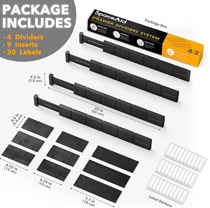 SpaceAid Bamboo Drawer Dividers with Inserts and Labels, Kitchen Adjustable Drawer Organizers, Expandable Organization for Home, Office, Dressers, 4 Dividers with 9 Inserts (17"-22" Black) - Image 4