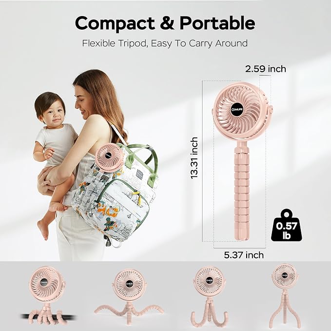 COMLIFE Baby Stroller Fan With Light, Rechargeable Battery Operated, Max 10Hrs Cooling, 3 Speeds, 360° Rotate USB Desk Fan, Flexible Tripod Clip On Fan for Stroller Car Seat Crib Treadmill Golf Cart - Image 8