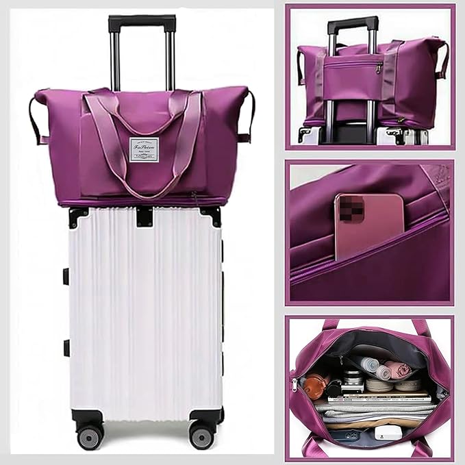 Large Capacity Folding Travel Bag, Lightweight Waterproof Luggage Bag, Expandable Travel Duffel Bag, Dry Wet Separated Gym Tote Bag, Weekender Overnight Bags for Women and Man (Fuchsia) - Image 5