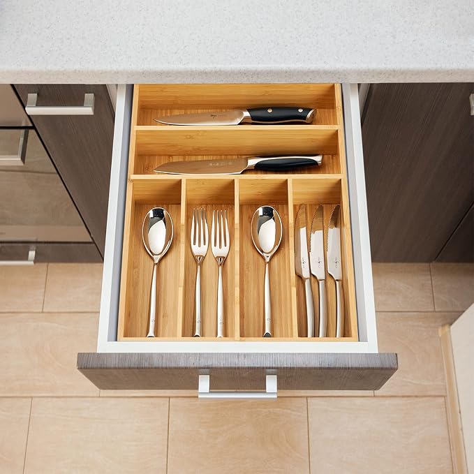Kitchen Drawer Organizer, 12 Inch Silverware Utensil Tray Holder, Extra Deep, with Non-Slip Feet & Grooved Drawer Divider, 6 Slots Total Bamboo Wood Caddy for Flatware Cutlery Knives - Image 6
