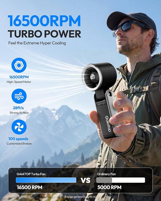 Gaiatop Portable Handheld Turbo Fan, 15 Hrs Cooling, 180° Foldable 4-in-1 Hand Held Fans, 6-Speed (1-100) Personal Mini Handheld Fans, Small Portable Fan for Travel, Working, Outdoor Women Gifts Black - Image 4
