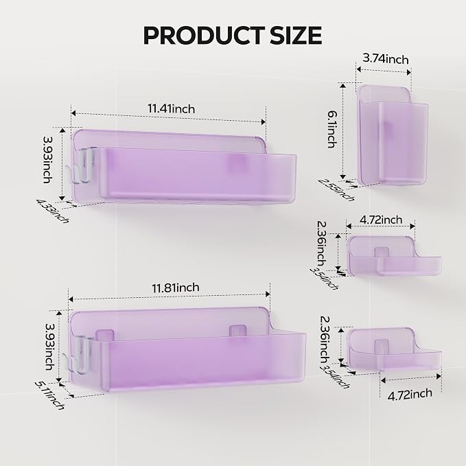 Nieifi Adhesive Shower Shelves, Purple, 5 Pieces | Rustproof ABS, Large Capacity, Removable Design, Easy-Clean, No Drilling Shower Organizer for Bathroom Storage & Home Decor - Image 2