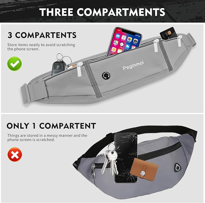 Slim Running Belt Fanny Pack, Waist Pack Bag for Women Men, Running Pouch for Phone Waterproof Reflective with 3 Pouches, Running Phone Holder for Sports, Traveling (Grey) - Image 3