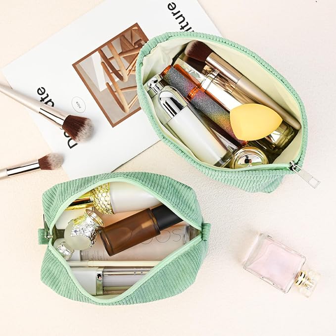 SOIDRAM 2 Pcs Corduroy Makeup Bag Large Cosmetic Bag Toiletry Bag Makeup Pouch Travel Bag Organizer Cute Makeup Brushes Aesthetic Accessories Storage Bag for Women Green - Image 4