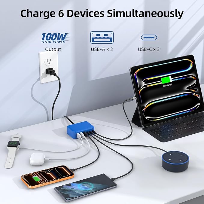 100W 6 in 1 USB Charger, 50% Smaller Charging Station for Multiple Devices | Fast Charging Blocks with Type C Port, USB Charging Hub Organizer Multiport Power Strip for iPhone,Samsung,Ipad,Kindle,Travel - Image 3