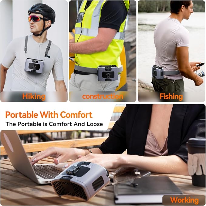 Doublepow 10000mAh Portable Waist Fan, Personal Dual Waist Fan, Clip On Belt Hanging Neck, Dual Motor 20H&10 Speed 16000RPM Strong Airflow, USB Rechargeable Fans, for Outdoor Work Travel(K60-Gray) - Image 7