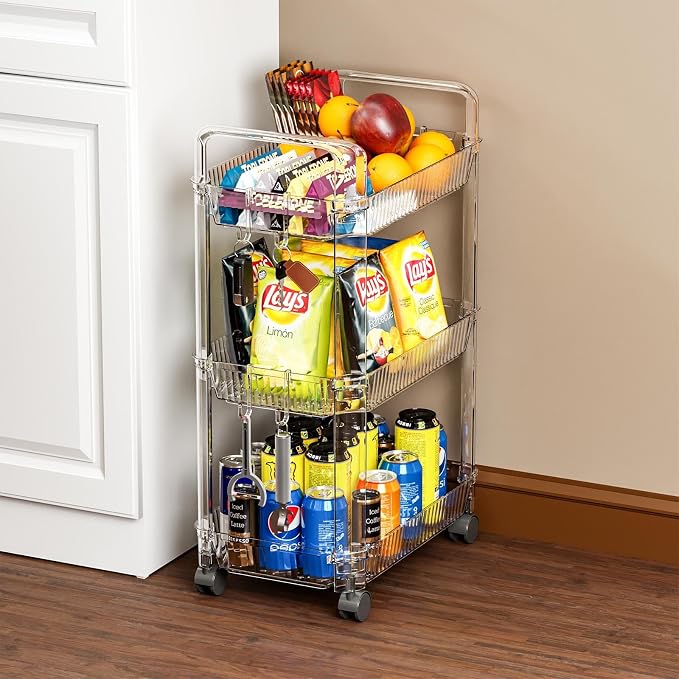 Clear 3 Tier Rolling Utility Cart with Wheels,Modern Bedside Cart for Baby Essentials,Nursery,Diaper Caddy,Baby Supplies,Rolling Storage Carts for Living Room,Bathroom,Kitchen,Book Cart - Image 6