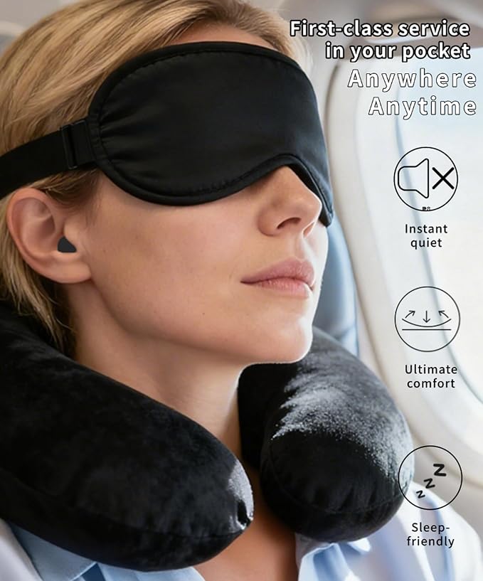 Portable Travel Sleep Comfort Set for Plane 2 Inflatable Travel Pillows,Foot Rest Hammock,Eye Mask Ear Plugs for Airplane Flight Essentials for Seat Airplane Gadgets for Sleep Comfort Kit - Image 3