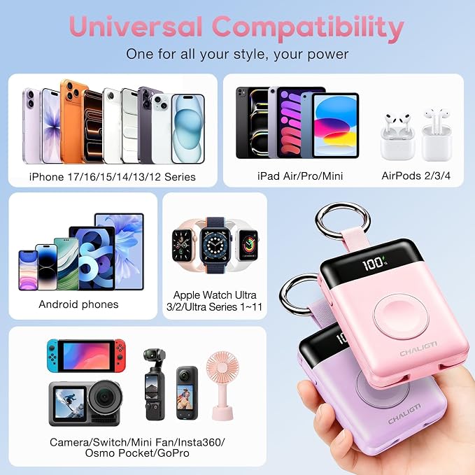 10000mAh Portable Charger,22.5W Power Bank&iWatch Charger,Pink | LED Display,Built-in Cables,Super Fast Charging,Travel Keychain Battery Pack for iPhone 17/16/15/14/13/12,Apple Watch Series - Image 8